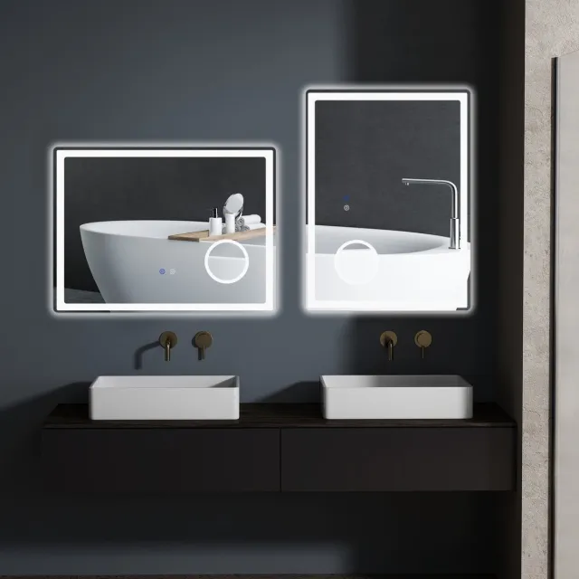 MIVRAY Badkamerspiegel – Dubbele LED-Verlichting Met 3x Vergroting – 80 x 60 cm – Glas En IJzer – Wit – Anti-Condens Touchbediening