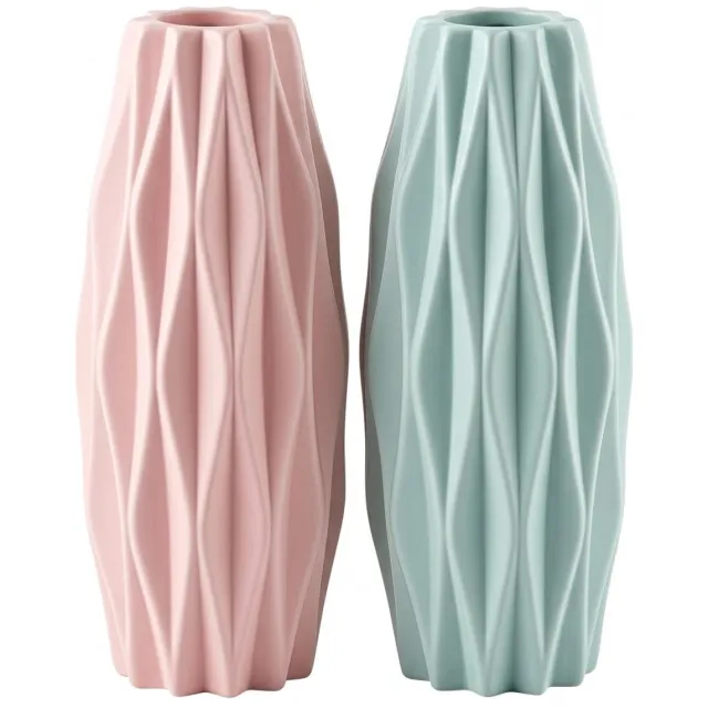 NUVEX Blauw en roze vazen set kunststof met reliëf structuur – 2 stuks smalle hoge bloemen vazen met keramiek look voor interieur decoratie woonkamer en eettafel
