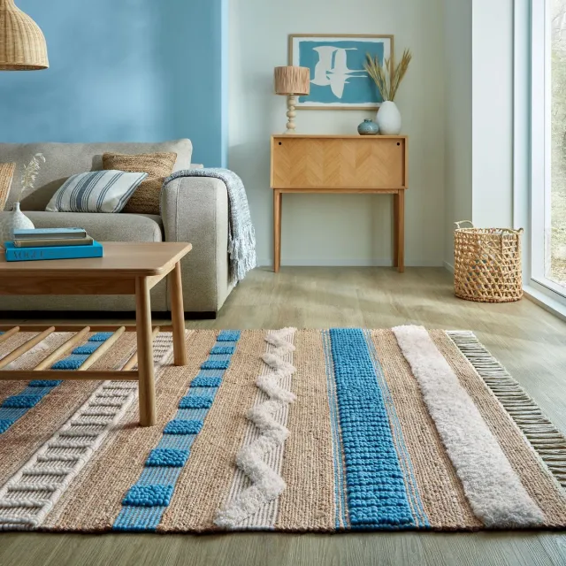 flycarpets Laagpolig Medina Jute Weave Stripe Vloerkleed Naturel / Blauw