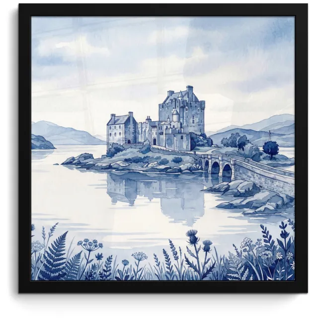 FrameYourWall Poster in lijst - Fotolijst 40x40 cm - Posters - Schots - Kasteel - Blauw - Aquarel - Posterlijst zwart - Decoratie - Wanddecoratie woonkamer - Muurdecoratie slaapkamer