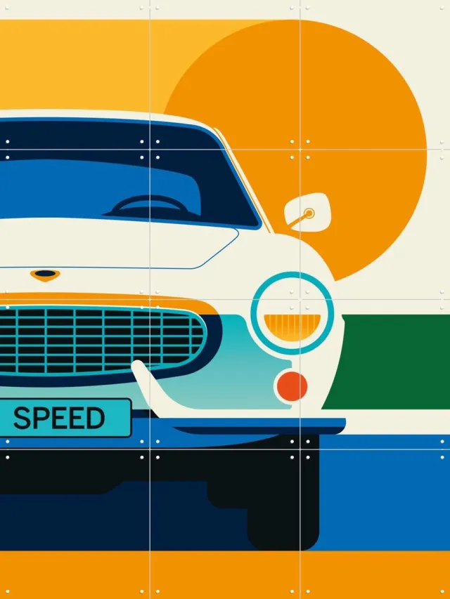 IXXI White Vintage Sports Car, Bo Lundberg - 60 x 80 cm - Grote wanddecoratie en posters - Illustraties, Geometrische Kunst, Kleurrijk, Grafisch Wit