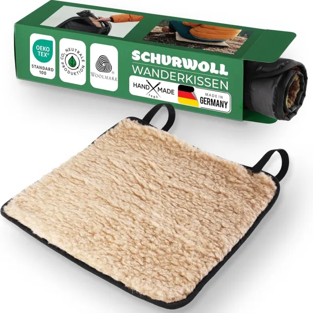 Novaliv Wandelkussen - Buitenzitkussen gemaakt van zuivere scheerwol, waterafstotende polyamide onderkant - warm, ademend en isolerend - 37 x 37 cm - Lichtbruin - lichtgewicht en compact - Kamperen, Trekking, Picknick