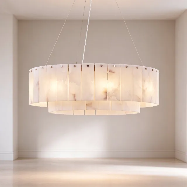 YUYI Kroonluchter rond modern Spaans natuurmarmer Ø58cm, 10 G9 lampen inbegrepen, gouden metalen frame voor woonkamer en eetkamer Wit