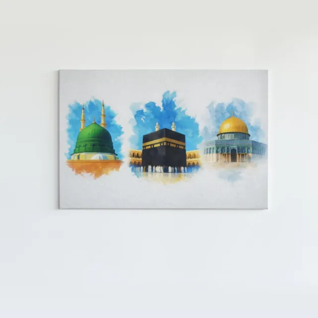 Trendex Global Canvas Schilderij - Islamitische Heilige Plaatsen - Kaaba en moskeeën - 90x60 cm Kleurrijk