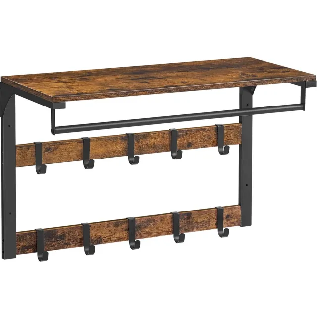 Vasagle Kapstok - Kleding Rek - Wand Gemonteerde Kapstok - Wand Gemonteerde Rek - Rek - Rekken - Decoratie - Rekje - Kast - Kastje - Kasten - Plank - Planken - Woonkamer - Keuken - Badkamer - Garderobe - Slaapkamer Bruin