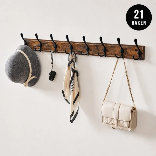 Signature Home Hove Wandkapstok met 21 Haken - Kapstok - Muur Kapstok - Industriële stijl - Houten/Metaal - Bruin/Zwart - 81,4 cm Bruin - Zwart