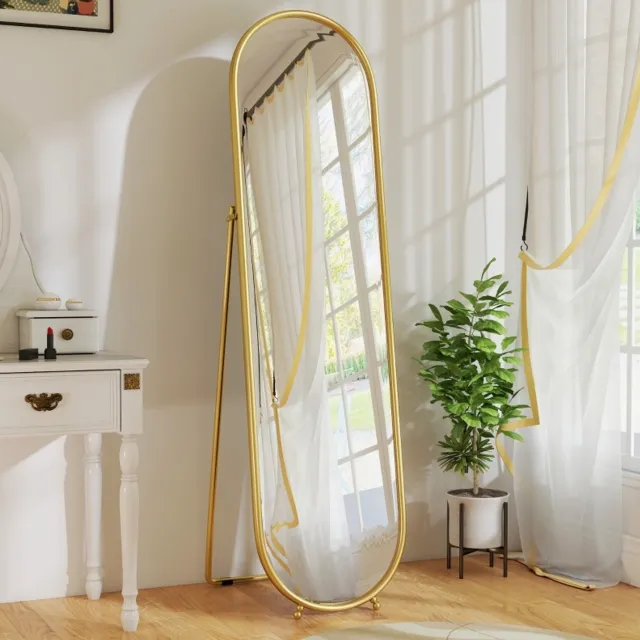 HAUSS SPOLE Passpiegel Vrijstaand – 50 x 180 cm – Ovaal Glas met Metalen Lijst – Goud – voor Slaapkamer en Woonkamer – Uitklapbare Standaard