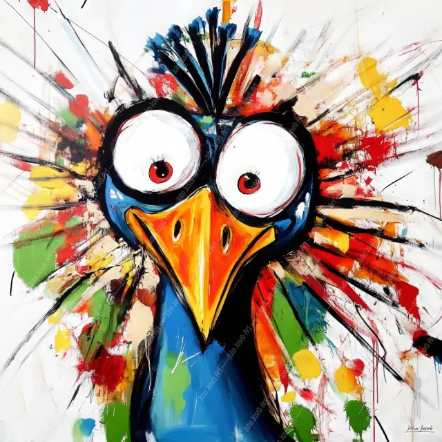 John Joseb Art (Aluminium) 60x60 | Gekke pauw, humor, bolle ogen, abstract, portret, kunst | vierkant, dier, vogel, rood, blauw, geel, groen, modern | foto-schilderij op dibond, metaal wanddecoratie Aluminium, dikte 3 mm