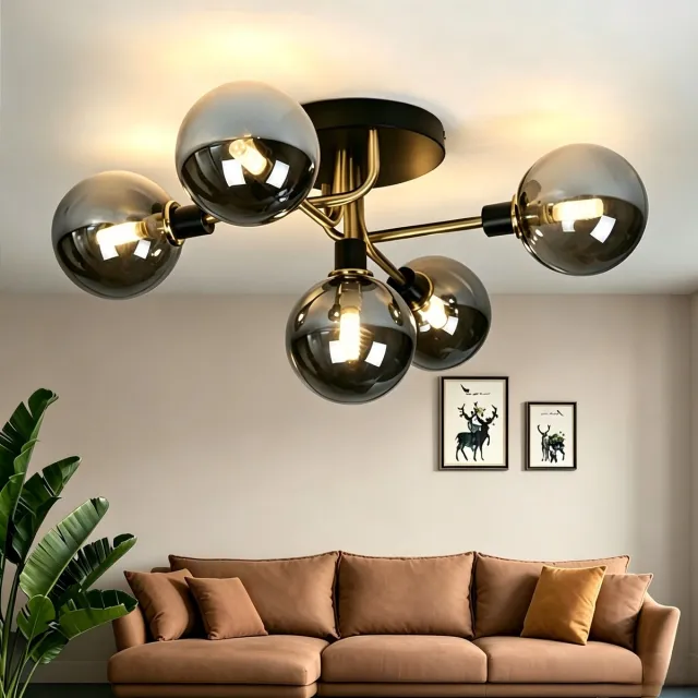 NETTLIFE Plafondlamp - 5 vlammen - G9 Fitting - moderne - metaal - met glazen bol grijze - binnenverlichting kroonluchter - voor slaapkamer woonkamer - excl. lichtbron rokerig grijs