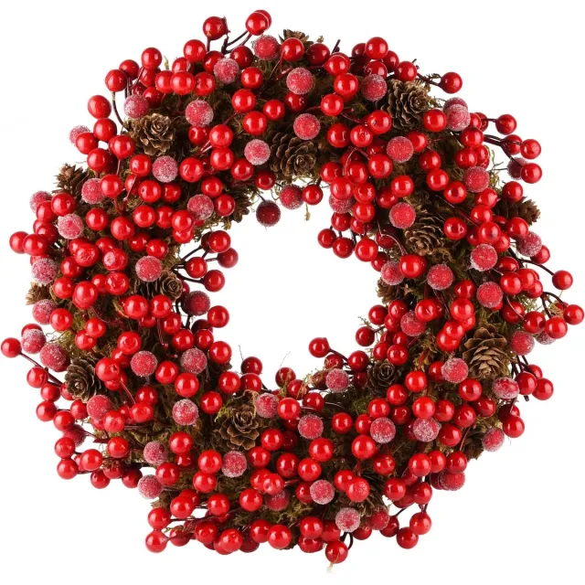 dekoratief Krans m/bessen/dennenappels, rood/naturel, 34x34x7cm | A235620 bruin