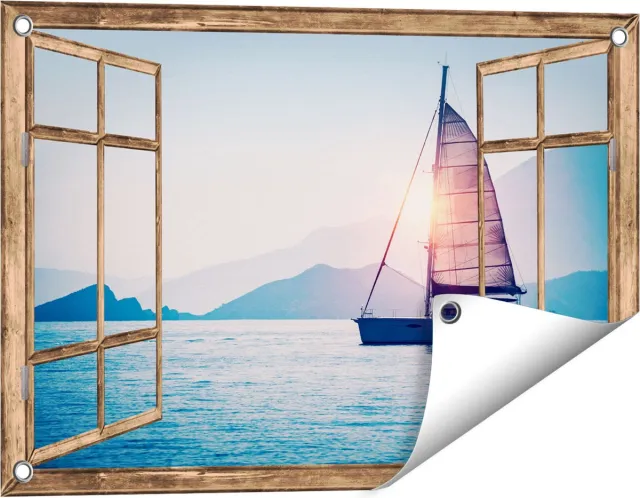 Gards Tuinposter Doorkijk Zeilboot bij Zonsondergang - 60x40 cm - Tuindoek - Tuindecoratie - Wanddecoratie buiten - Tuinschilderij Licht bruin