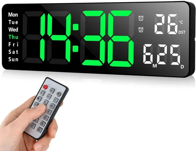 OKWISH Wandklokken - LED Wandklok Met Weekdagweergave, Timerfunctie En Afstandsbediening, Moderne Digitale Wandklok Voor Huis En Kantoor, ABS, Zwart
