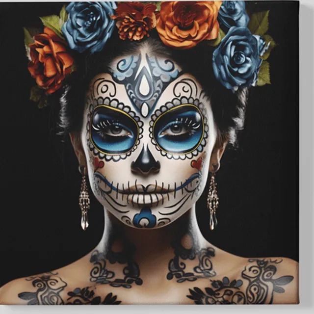 Trendex Global Vierkant Canvas Schilderij - Wanddecoratie - Dia de Los Muertos - 100x100x2 cm Kleurrijk