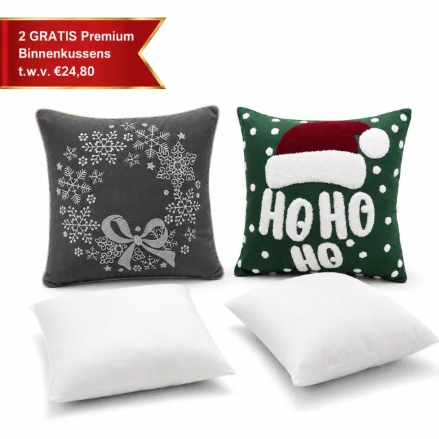 Urbane Hide Kerstkussen Set van 2 Kerst Kussenhoezen incl. Gratis Kussenvulling - Kerst Kussenhoes - Kussenhoesjes Vierkant - Kerstkussens met Sneeuwvlok en Ho Ho Ho Borduursel - 45x45 cm - Katoen - Voor Binnen - Donkergrijs/Groen