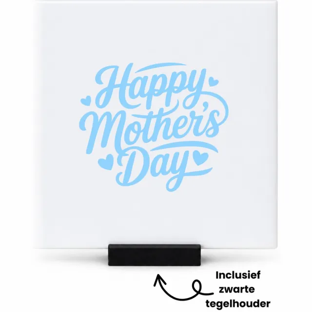 Hacebo Happy mothers day in blauw met 4 hartjes tegeltje met tegelhouder - Moeder - Happy mother - tegeltjes met tekst - moederdag cadeautje - Cadeau voor mama - Verjaardag - Geschenk - Cadeau - Gift - spreuktegels - 10.8x10.8 CM Wit