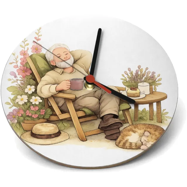 Mr Cadeautjes Klok rond Ø 19 - design Een vrolijke overgangsillustratie rond vrijetijd en rust, me | cadeau Wit