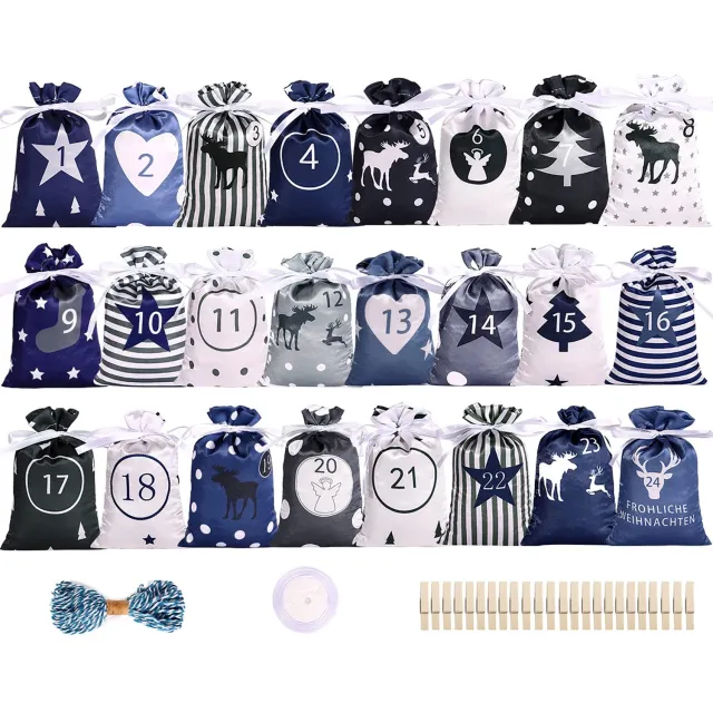 Flintry 24 stuks Kerstmis aftelkoffer met trekkoord voor kerstdecoratie, doe-het-zelf kersttraktatie- en goodiebags Adventskalender Jute tasset voor het vullen van de feestdagenaftelling blauw