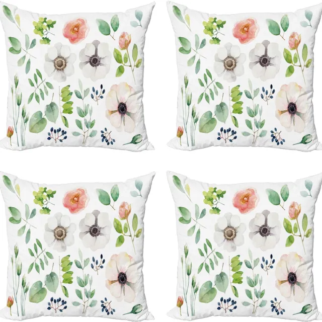 ABAKUHAUS Anemones Throw Pillow Cover 4 Pack, bloemelement, Modern Accent dubbelzijdig digitaal print, 40 x 40 cm, Wit Multicolor Witte Multicolor