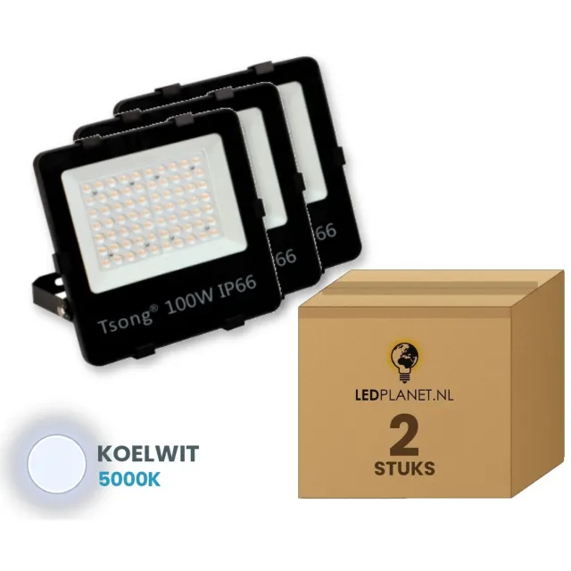 Tsong LED schijnwerper 100W - 2 stuks - Koelwit 5000K - 15.000 lm - 150 lm/W - 90° - IP66