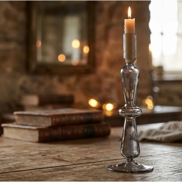 arti casa Candle Holder Long Oval - Kandelaar Lang Ovaal - Gemaakt van Glas - Modern Ontwerp - Ideaal voor op de Diner- of Salontafel - Hoogte 26,5 cm - Kleur Grijs - Stijlvol Accessoire voor in Huis
