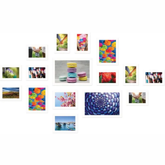 SecaDesign Fotowand wit 16 fotolijsten PIA16W met handige template voor plaatsing. 10x 10x15cm, 2x 13x18cm, 2x 15x20cm en 2x 20x30cm fotomaat - fotomuur