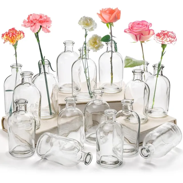 Famanu 16 Pack Vazen Clear Glass Vaas 8oz Decoratieve Glazen Flessen Kleine Vintage Bloemfles Tafel Middenstuk Decoratie voor Thuis Bruiloft Feest Evenement Kantoor Moderne Decor Transparant