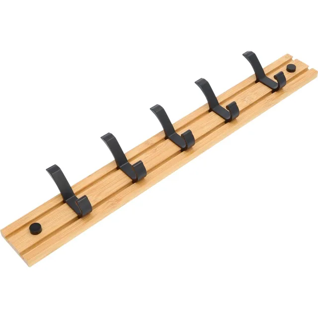 QUVIO Kapstok bamboe hout - Kapstok voor wandmontage met 5 verschuifbare ophangpunten - Wandkapstok - Kapstokhaken - Muurkapstok - Handdoekrek - Kapstok haak - 5 haaks - Draagkracht van 15 kg - 50 x 6 x 1.2 cm - Bamboe en aluminium - Beige en zwart