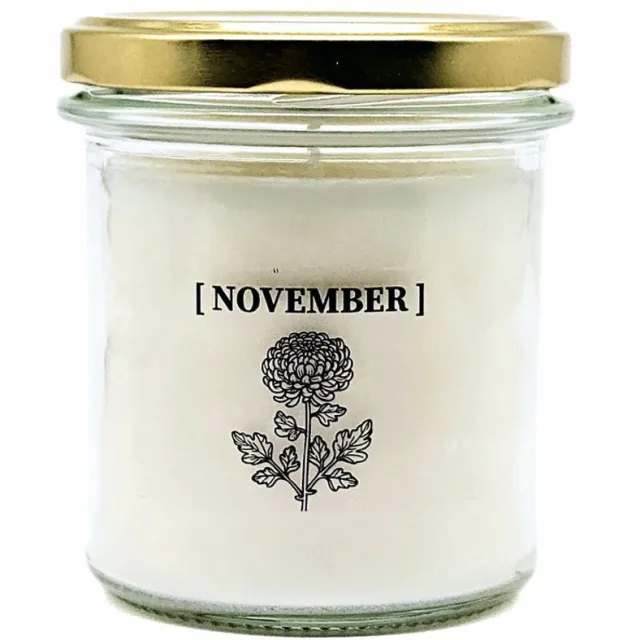 Candlelight-on geurkaars met geboortebloem en geboortedatum - 28 november - o.b.v. sojawas en etherische oliën Wit
