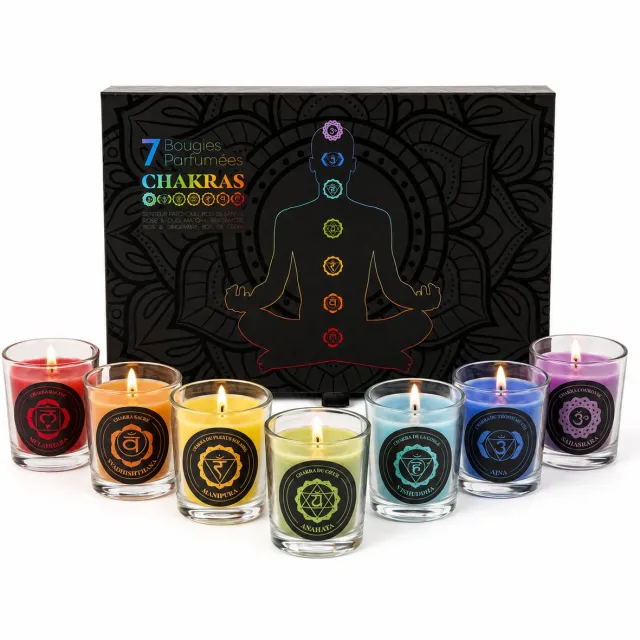 WDMT Chakra Geurkaarsen Set – 7 Meditatiekaarsen in Geschenkdoos – Geurkaarsen voor Yoga, Mindfulness en Ontspanning – Spiritueel Cadeau – Meerkleurig Violet
