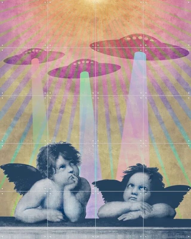 IXXI Meanwhile up in Heaven, Angelo Cerantola - 80 x 100 cm - Grote wanddecoratie en posters - Vintage, Illustraties, Fantasierijk, Digitale Kunst Roze