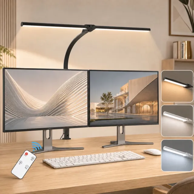 LAPAMAX Bureaulamp LED Dimbaar met Klem 80 cm -Werklamp met Dubbele Lichtkop 180° - Monitor Lamp met 360° Zwanenhals -Leeslampje - Klemlamp met Afstandsbediening-Hobbylamp -Architectenlamp voor Tekenen & Werkbank -Zwart