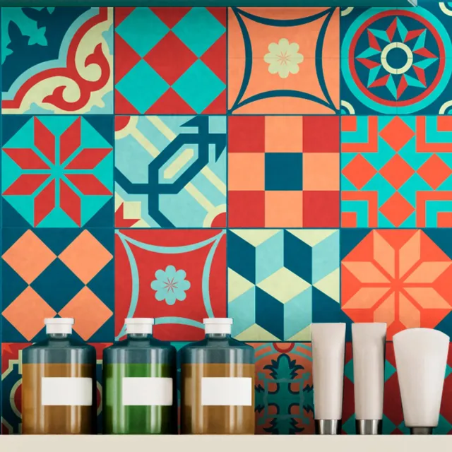Ambiance Sticker Zelfklevende tegelmuurstickers voor keuken en badkamer - 16 kleurrijke tegels in vintage stijl (Azulejo) - 16 stickers van 20x20 cm Multi color