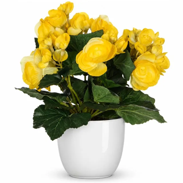 Mica Decorations Kunstplant - Begonia - geel - H25 cm - in bloempot wit - keramiek - complete set van pot en plant - decoratie stuk