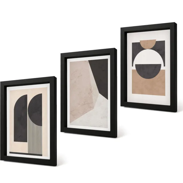 Coloray 4-Delige Schilderij Set - Abstracte vormen in beige en bruine tinten. - 20 x 30 cm - Decoratieve Muurdecoratie - Slaapkamer - Woonkamer Decoratie Zwarte lijst