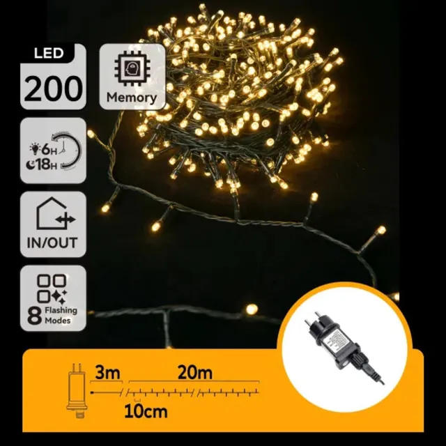 Aigostar LED lichtsnoer warmwit 23 meter (3+20) - 200 LED's - waterdicht IP44 - 230V AC - 24V - met timer 6u aan/18u uit
