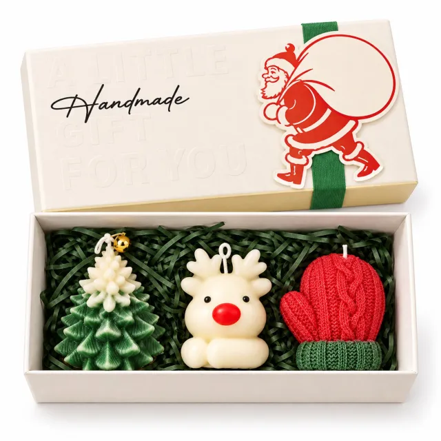 Suntac Kerst Geurkaarsen Cadeauset - 3 Stuks - Kerstboom, Rendier en Want - Handgemaakt - In Geschenkdoos - Kerstdecoratie Groen | Wit | Rood