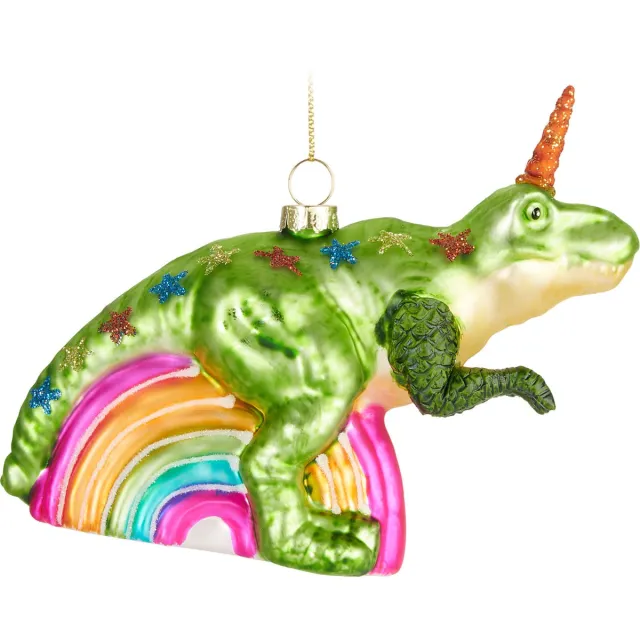 Brubaker Eenhoorn Regenboog Dinosaurus - Handgeschilderde Glazen Kerstbal - Handgeblazen Kerstversiering - Grappige Kersthanger - Kerstboom Decoratie - 13 cm ‎Eenhoorn Regenboog Dinosaurus