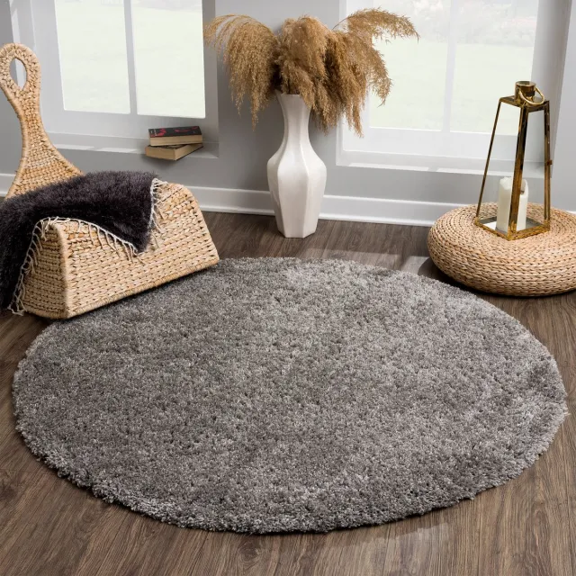 Muratap Porto Rond Soft Fluffy Hoogpolig Vloerkleed Donkergrijs- 120 CM Ø