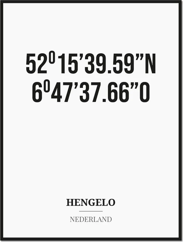 Studio216 Poster/kaart HENGELO met coördinaten zwart, wit