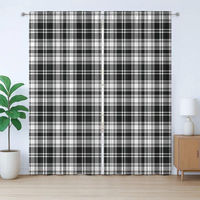 ABAKUHAUS Abstracte rustieke gordijnen, Brits tartanpatroon, universele gordijnen met lussen en haken voor de woonkamer, 280 x 225 cm, wit zwart