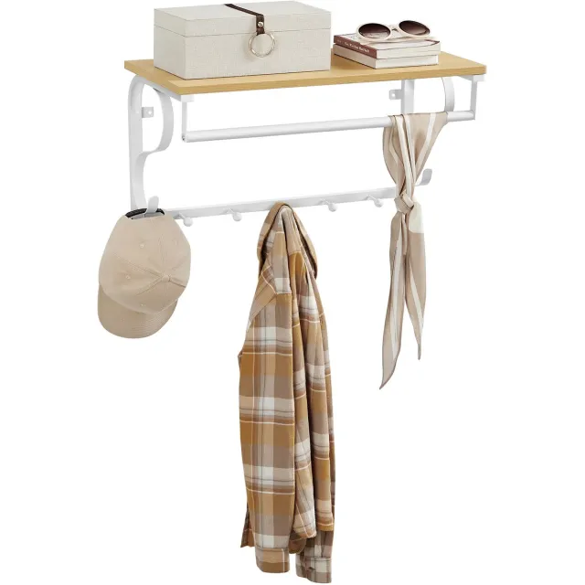Vasagle Kapstok - Wandkapstok - Wandgarderobe met 5 Haken - Stang - Industrieel Design voor Hal Eikenkleur-wit