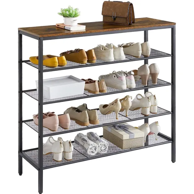 YMYNY 5-laags schoenenrek, schoenopbergorganizer voor 20 paar, 100 x 30x 95cm, industriële schoenenplank voor gang, entree, kast, badkamer, vrijstaand schoenenrek stevig rustiek bruin HTMJ084H multi