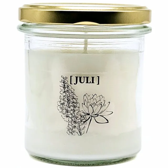 Candlelight-on geurkaars met geboortebloem en geboortedatum - 31 juli - o.b.v. sojawas en etherische oliën Wit