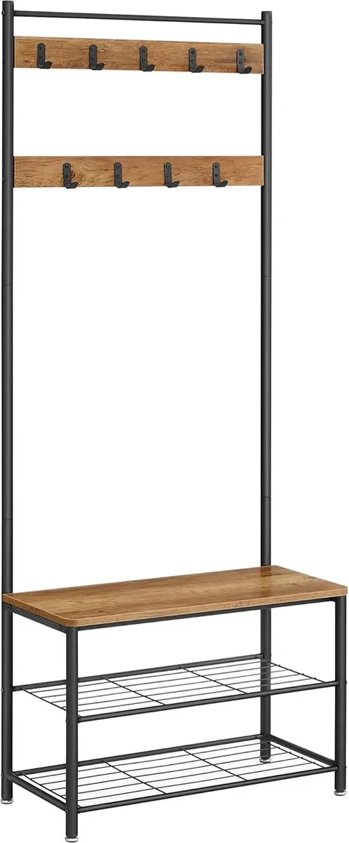 FurnStar Kapstok - kapstok met schoenenopbergbank - halboom met schoenenrek - 3-in-1 ontwerp - stalen frame - voor hal - entree - 32 x 70 x 177 cm - industrieel - rustiek walnoot en zwart