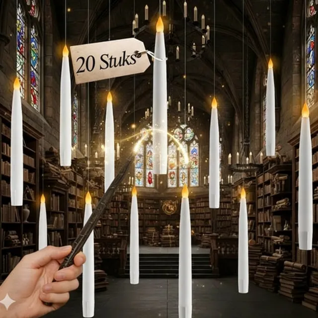 Merdoo 20 Zwevende LED Kaarsen - Floating Candles - Met Magische Toverstok Afstandsbediening - Warm Flickerend Licht - Voor Halloween, Kerst & Verjaardagen Wit
