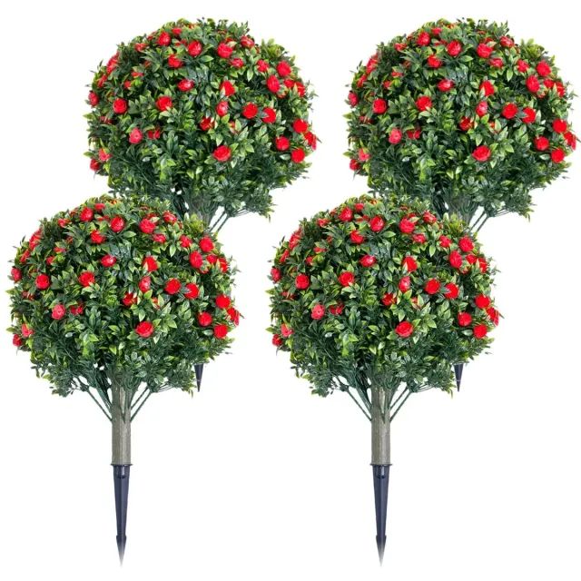 Triumpunpre Set van 4 Kunstmatige Bomen met Grondpen – Bolvormige Topiary Boom met Rode Bloemen – Kunstplant voor Buiten 60 cm – PE – Onderhoudsvrij – Tuin, Terras & Entree 1 set PE kunstbomen met grondpennen, 4 rode bloemen, 60*40 cm PZD-1-235