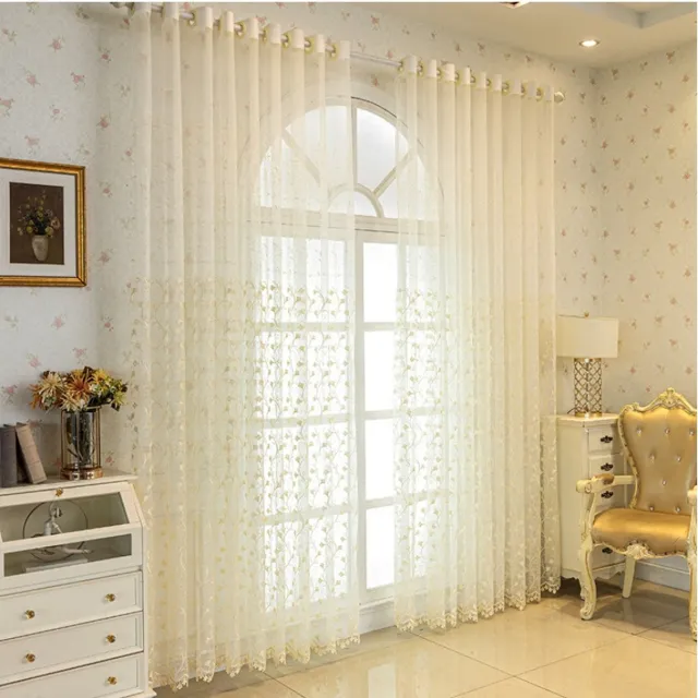 Floraweg Europese geborduurde bloemen vitrages, met sierlijke onderranden, gordijnroedezak transparante voile raamdecoratie gordijnen voor woonkamer/hal/villa kamerdecoratie tule gordijn 1 paneel, beige,140x160cm Beige02