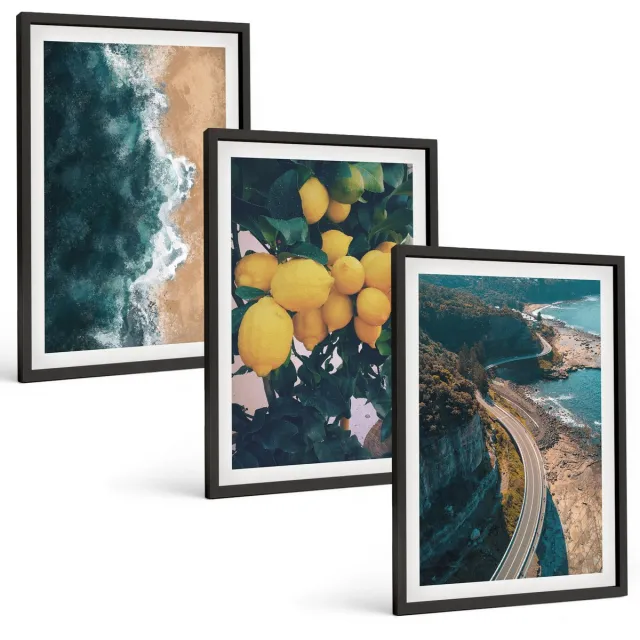 TULUP 4-Delige Schilderij Set - Zeestrand Citroenen Berglandschap Kustweg - 40 x 60 cm - Wanddecoratie - Schilderijen Set - Interieur - Decoratieve Schilderijen Zwarte lijst