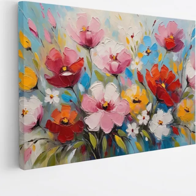 Saammp Canvas Schilderij - Kleurrijke Abstracte Bloemen - Natuur - 90x60 - Foto op canvas - Wanddecoratie - Muurdecoratie Woonkamer - Kantoor Decoratie multicolor