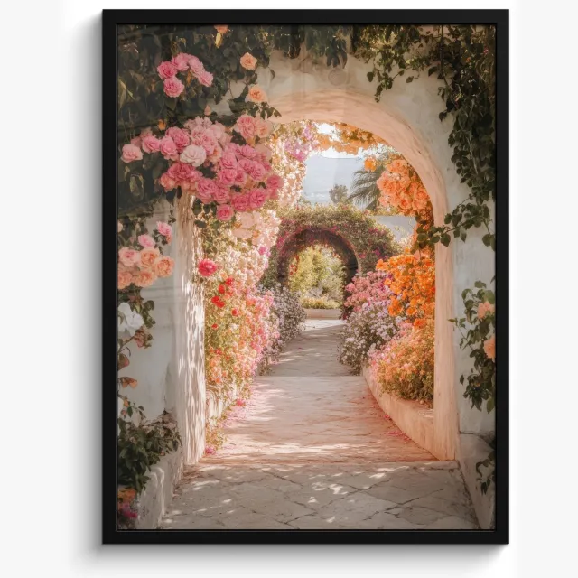 FrameYourWall Poster in lijst - Fotolijst 50x70 cm - Posters - Doorkijk - Boog - Bloemen - Pastel - Posterlijst zwart - Decoratie - Wanddecoratie woonkamer - Muurdecoratie slaapkamer Boog - Zomers